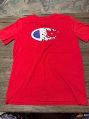 Champion Red Short Sleeve Tee with White and Blue Logo Fragment